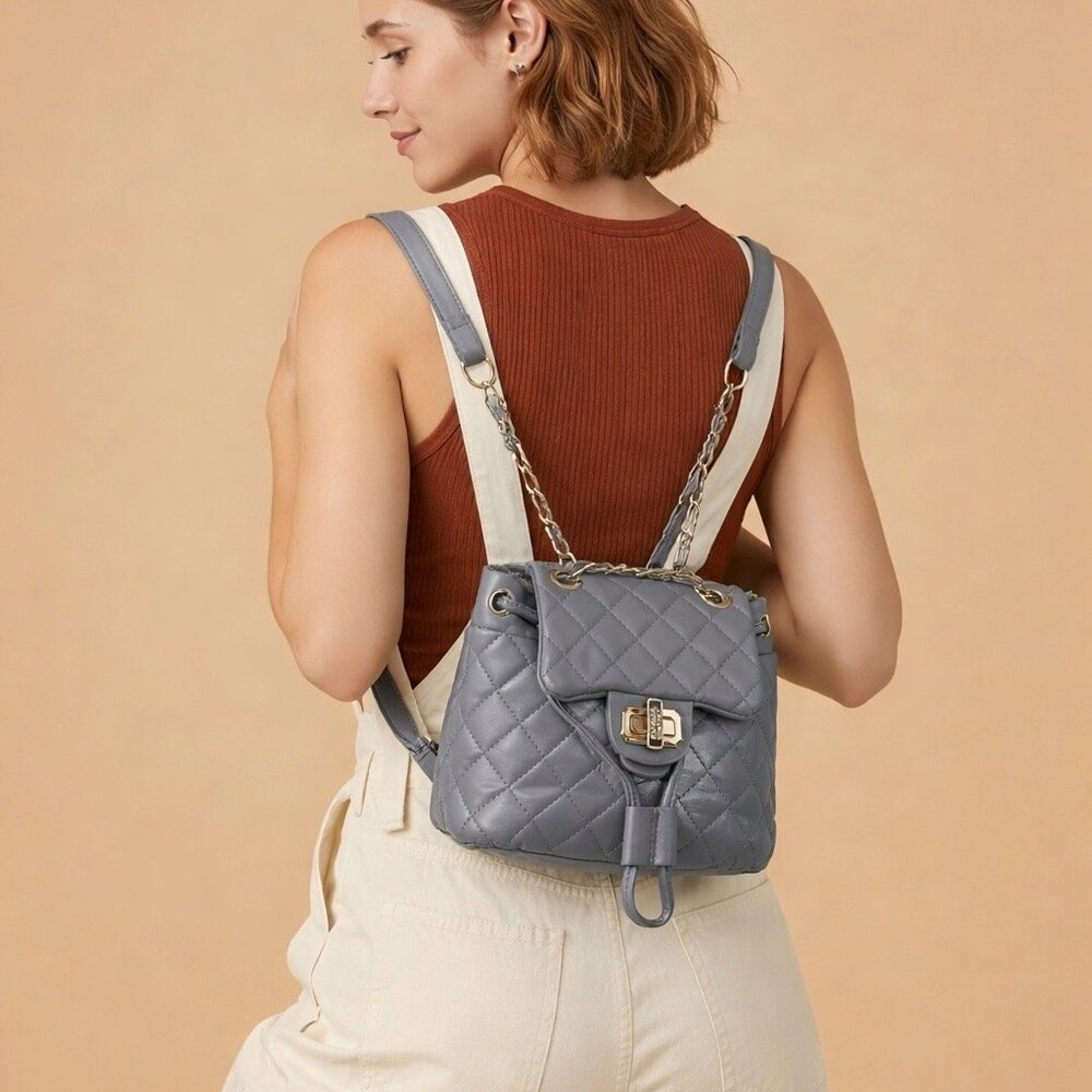 Badgley Mischka Vegan Leather Micro Mini Quilted Backpack in Gray - NWT